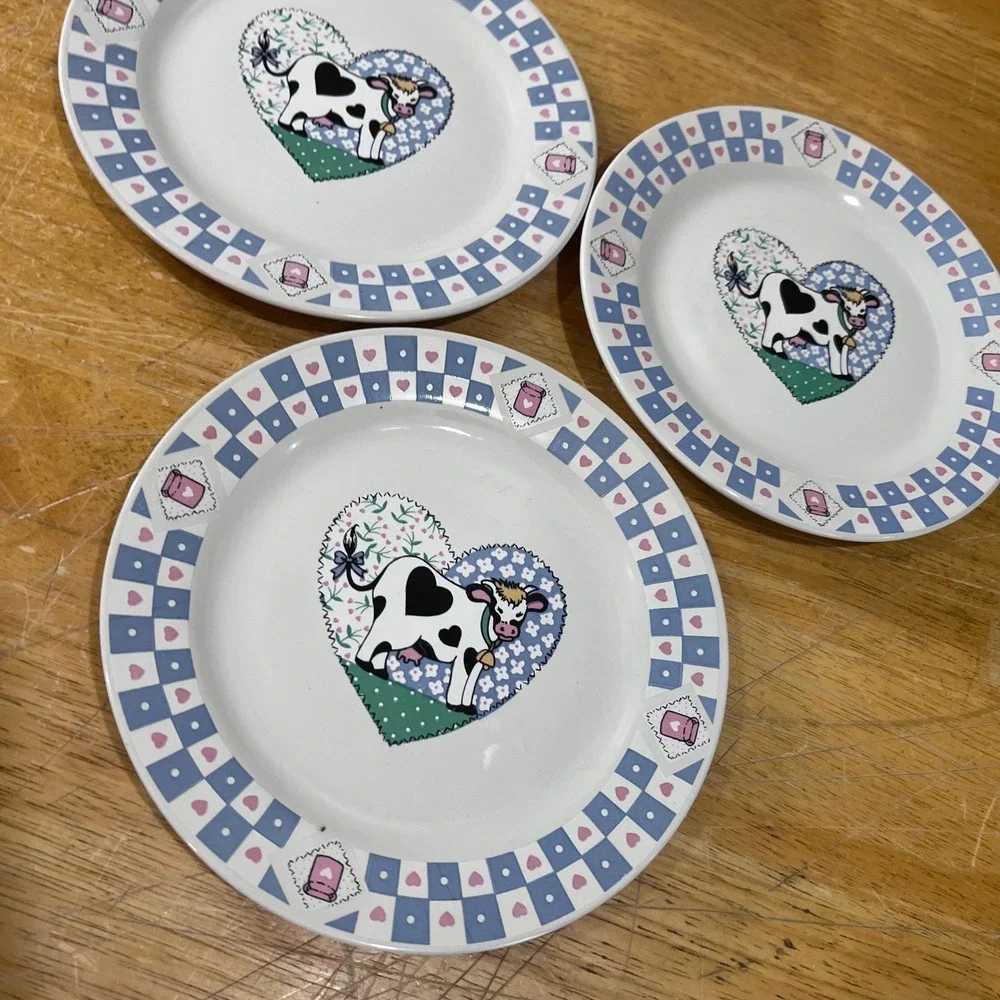 Vtg Tabletops‎ Unlimited Cow Heart Checkered Salad Plates Set of 3 Farmhouse 8